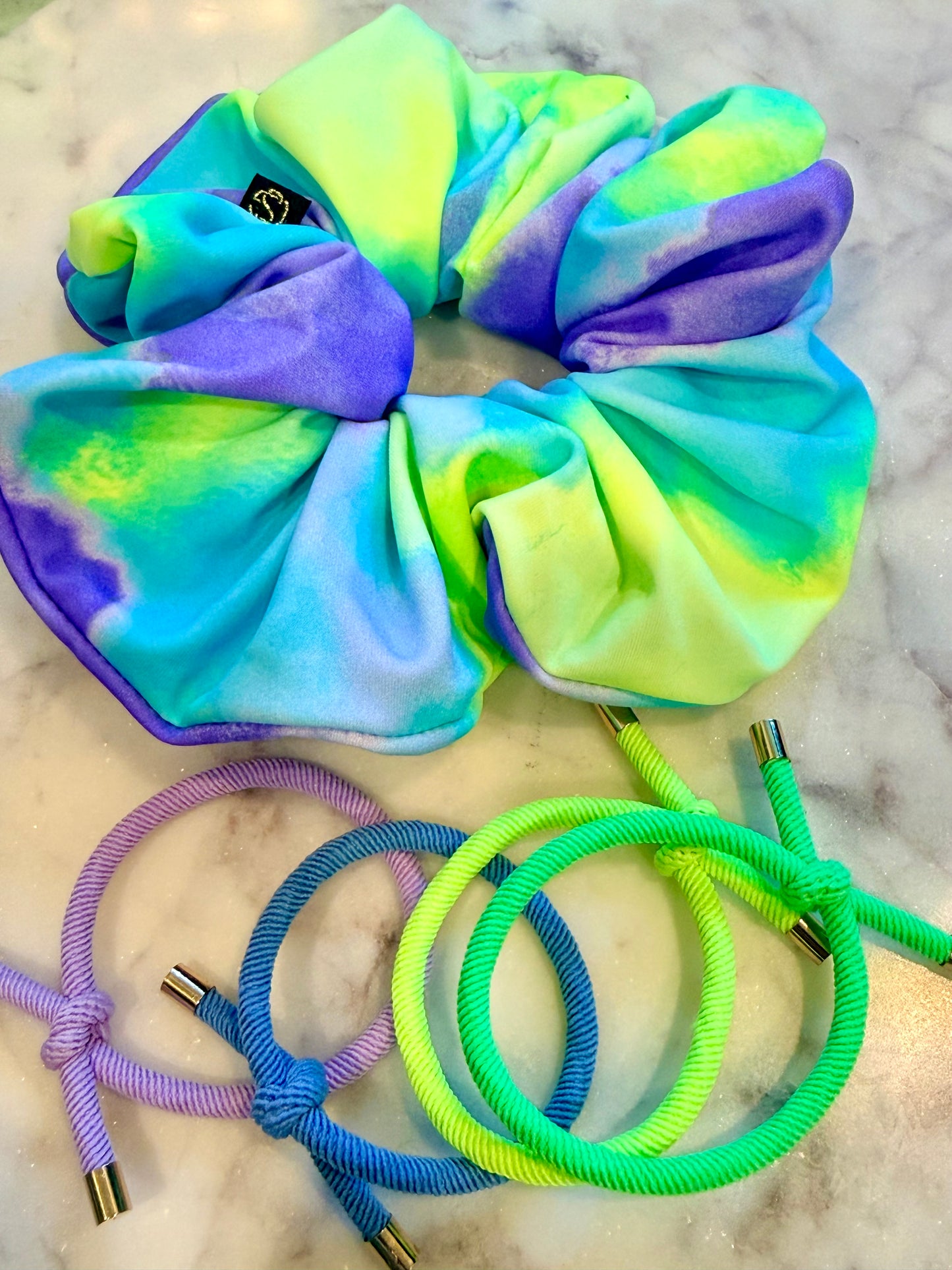 Giana. | blue lime, green spandex, tie-dye scrunchie, perfect for cheerleader, dancers gymnast