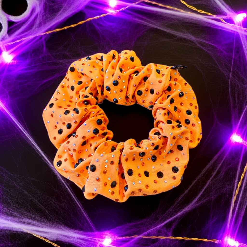 Catalina. | Orange Scrunchie with Black, Orange and Ab Crystal Colored Rhinestones