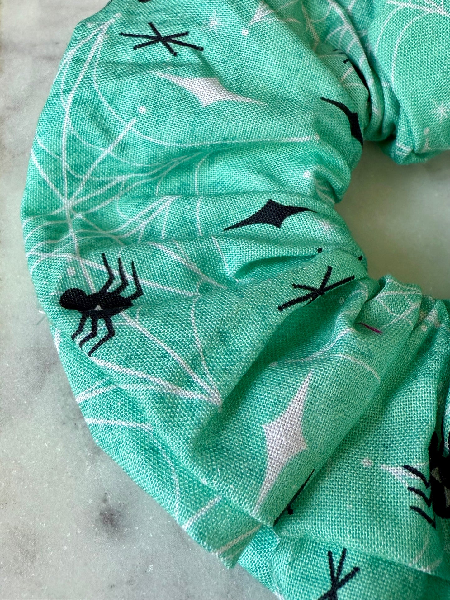 Ali | Retro Aqua Spider Print 100% Cotton Scrunchie.