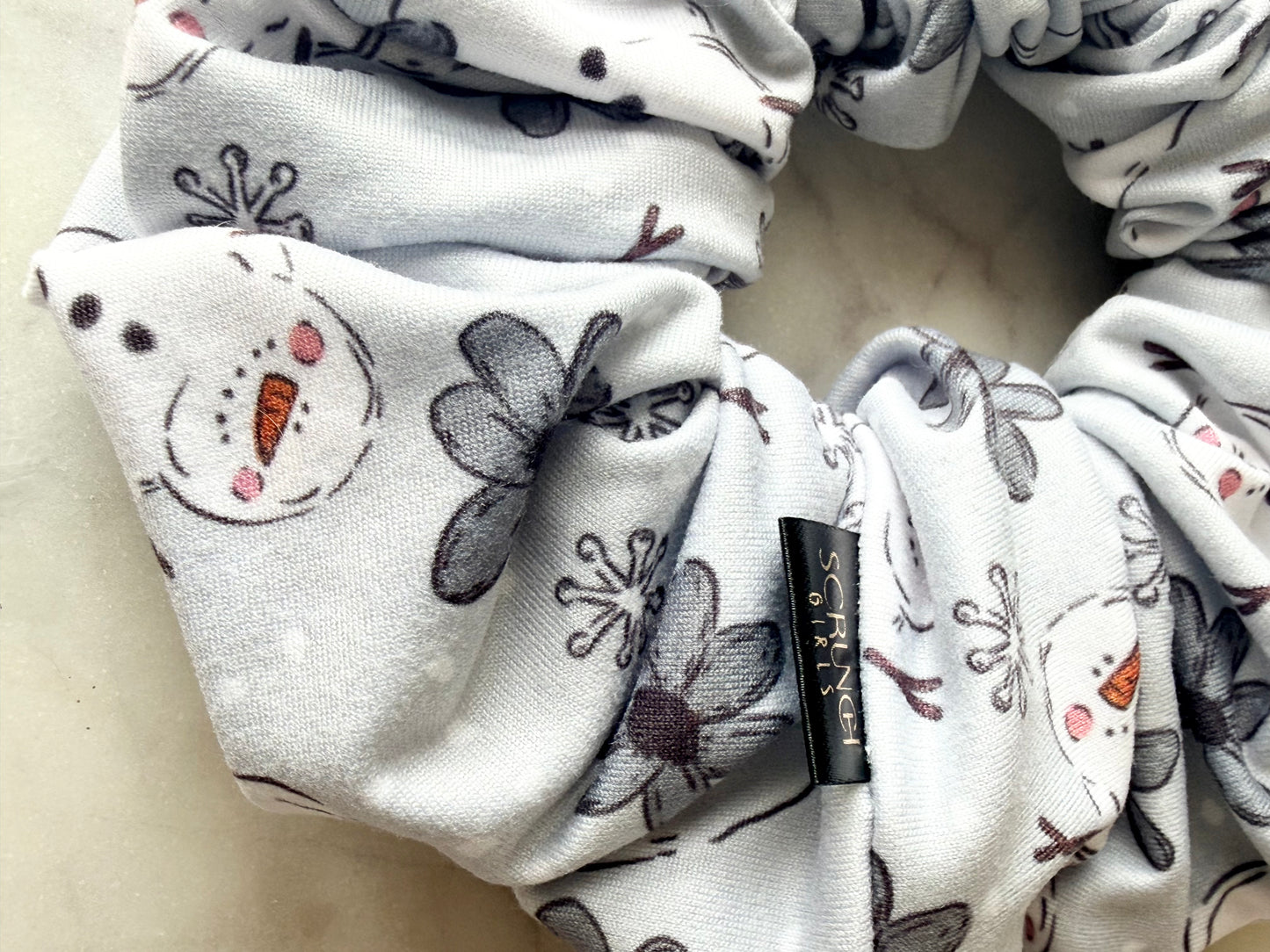 Blue Snowman | a light blue DBP fabric with a snowman print scrunchie