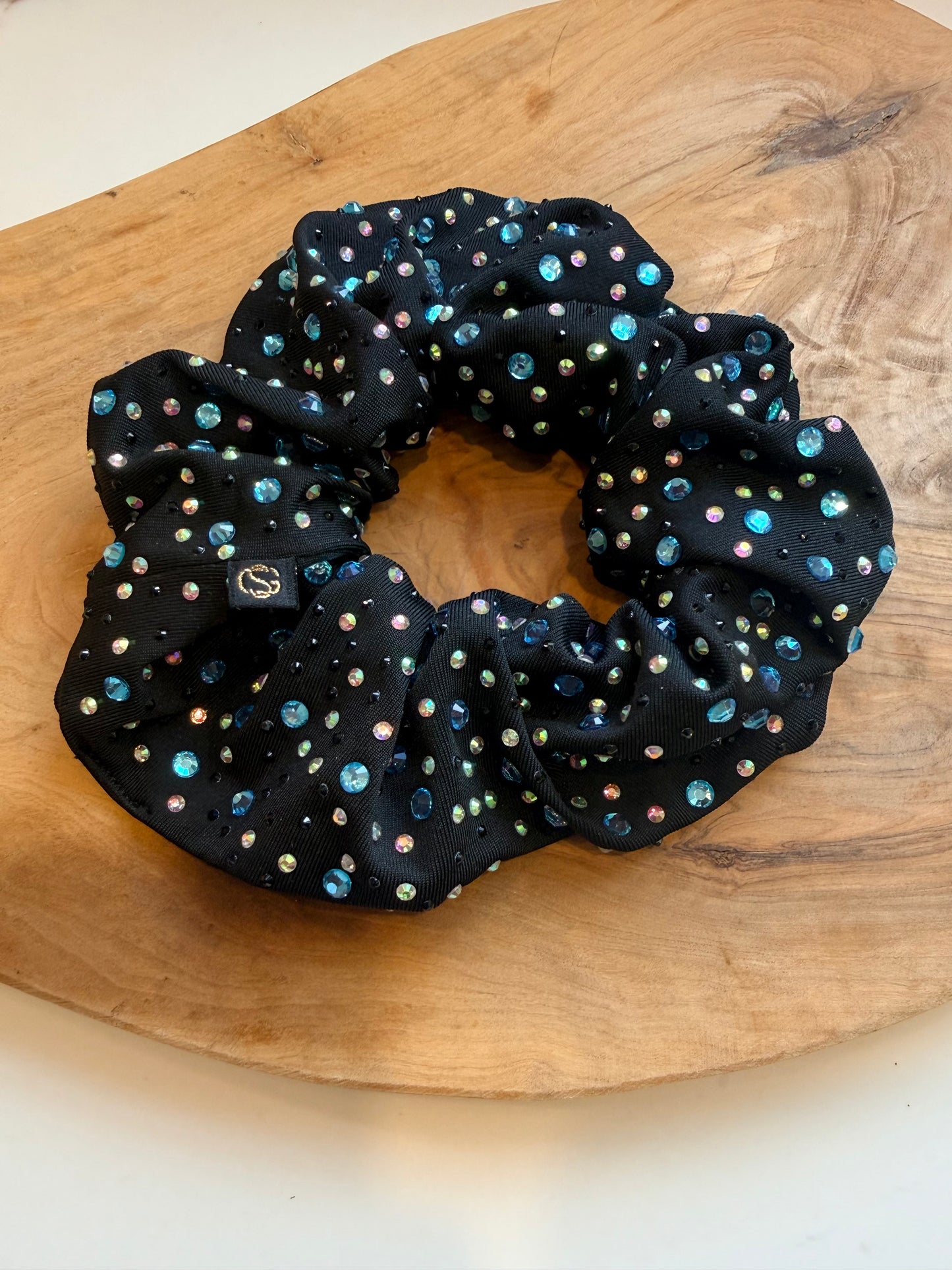 Elena Rhinestone Scrunchie| A Black Scrunchie with Aqua , AB rhinestone and jet black rhinestones