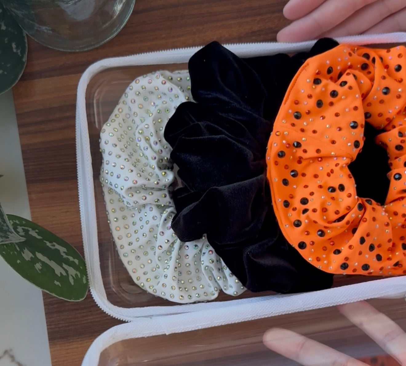Halloween Bundle| Black velvet Scrunchie| Orange Rhinestone Scrunchie | White AB Rhinestone Scrunchie