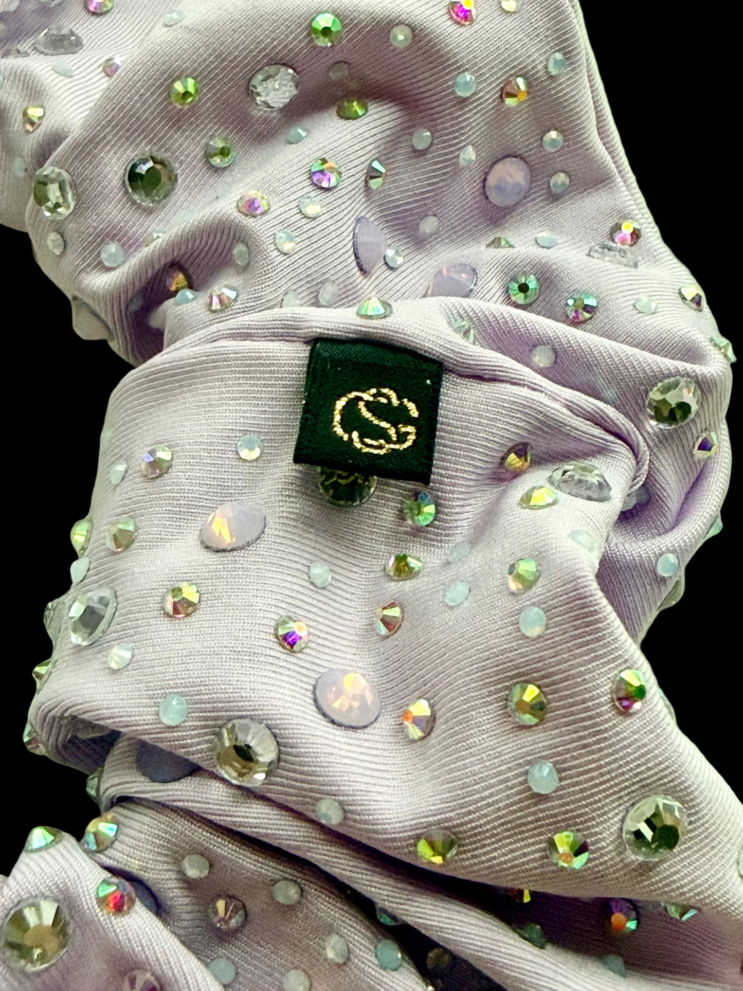 Avery. | A pastel lavender rhinestone scrunchie for dancers gymnasts and cheerleaders