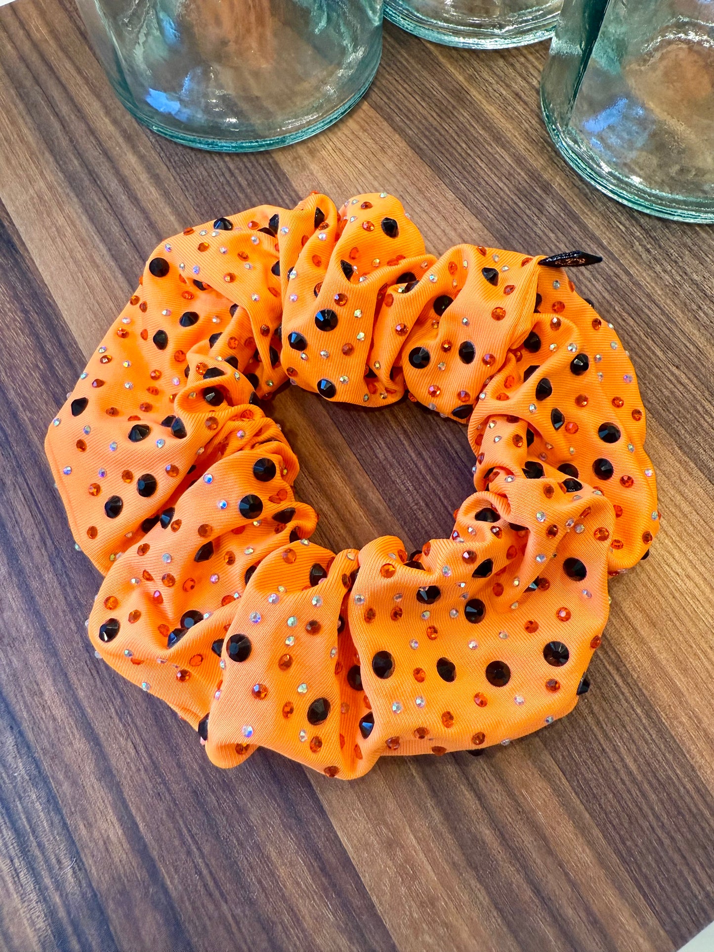 Catalina. | Orange Scrunchie with Black, Orange and Ab Crystal Colored Rhinestones