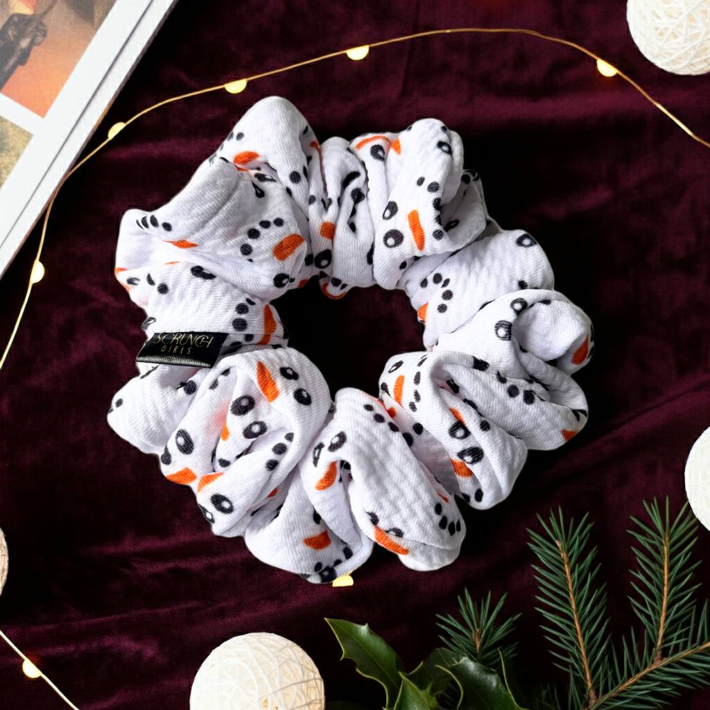 Snowman Face| a white bullet fabric Scrunchie with a snowman print.