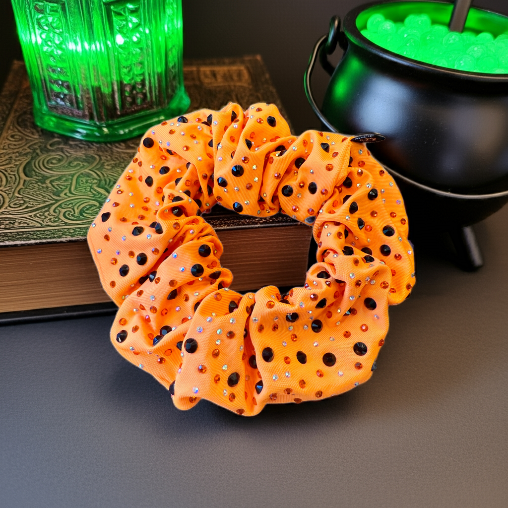 Catalina. | Orange Scrunchie with Black, Orange and Ab Crystal Colored Rhinestones
