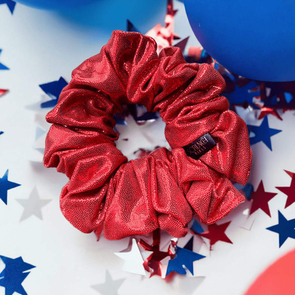 Cadence. | red foil like spandex material scrunchie.