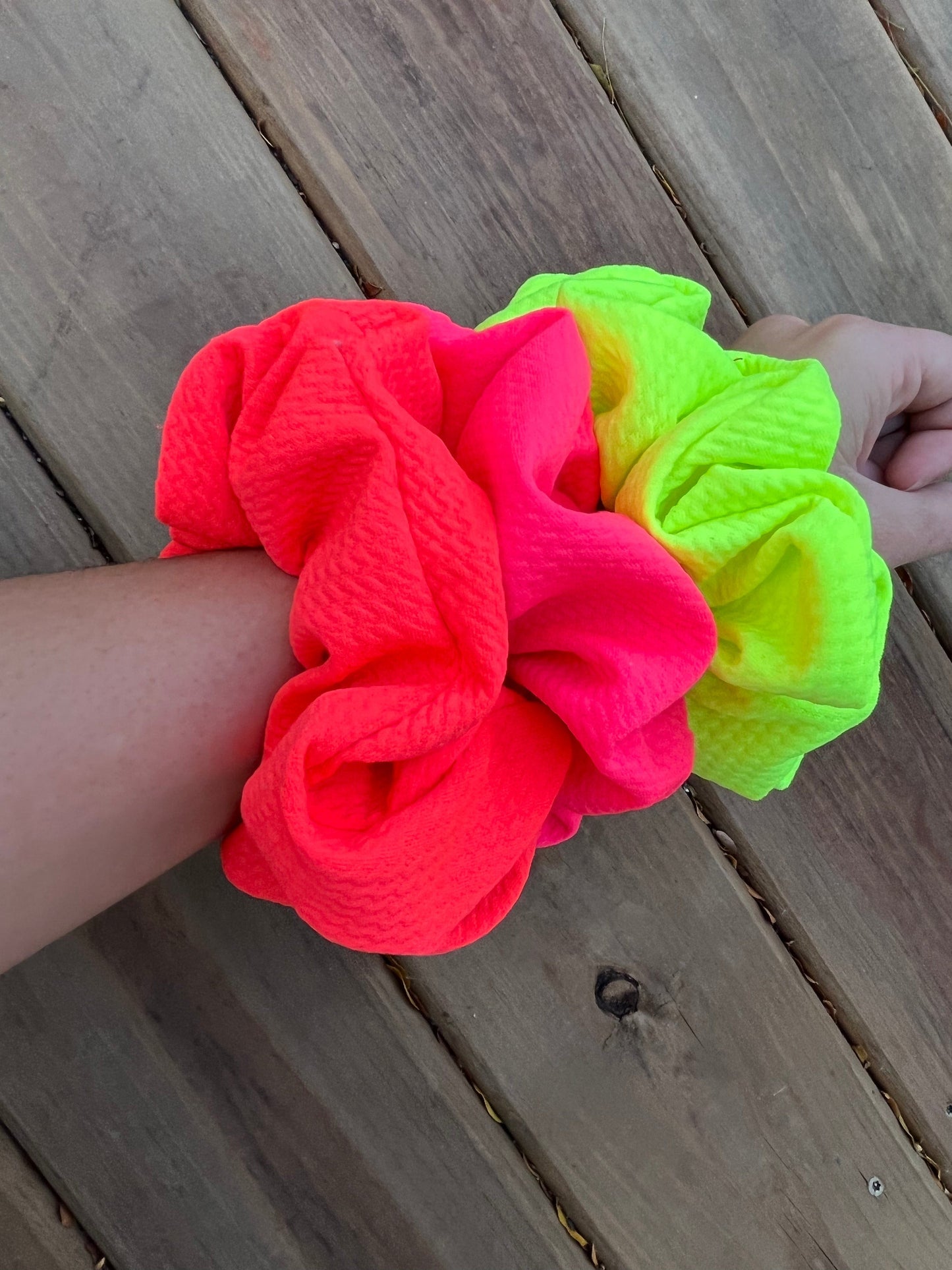 McKenzie. | Vibrant neon ORANGE stretch bullet fabric scrunchie bursting with fun!
