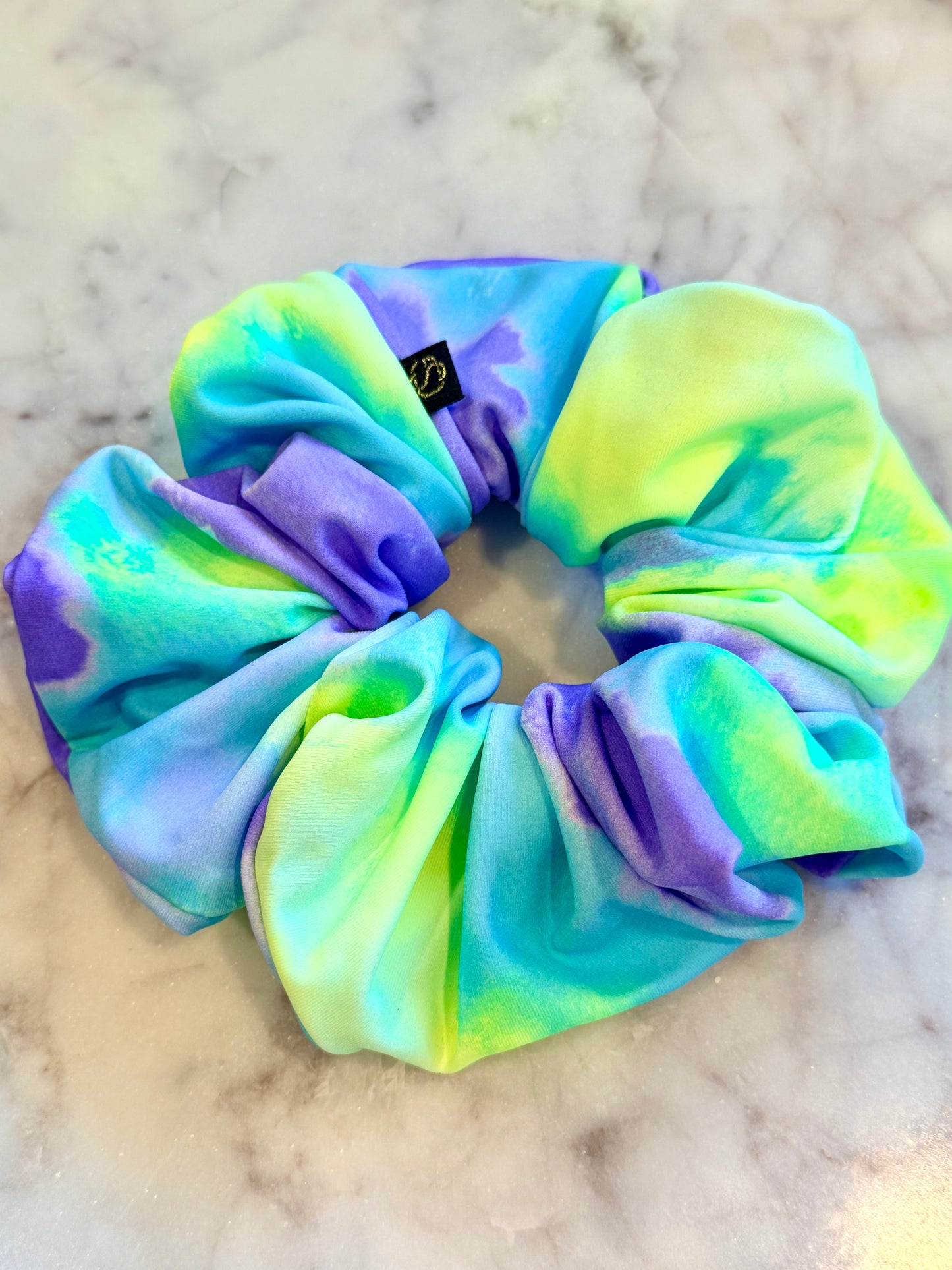 Giana. | blue lime, green spandex, tie-dye scrunchie, perfect for cheerleader, dancers gymnast