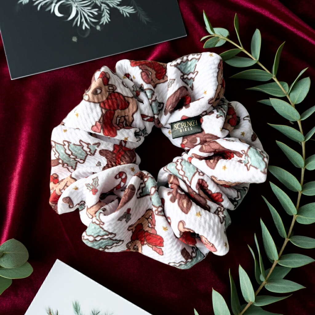 Rudolph | a white bullet fabric with a Rudolph print scrunchie