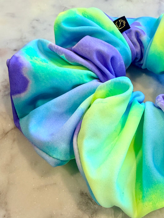 Giana. | blue lime, green spandex, tie-dye scrunchie, perfect for cheerleader, dancers gymnast