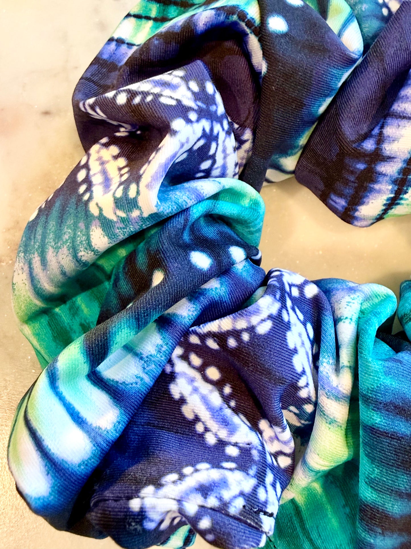 Kaylee | a tie-dye, navy and teal spandex, scrunchie perfect for gymnast, cheerleaders dancers