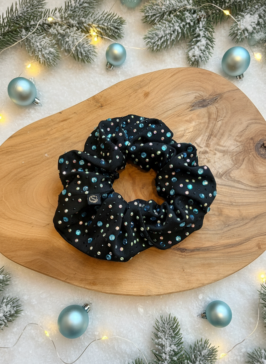 Elena Rhinestone Scrunchie| A Black Scrunchie with Aqua , AB rhinestone and jet black rhinestones