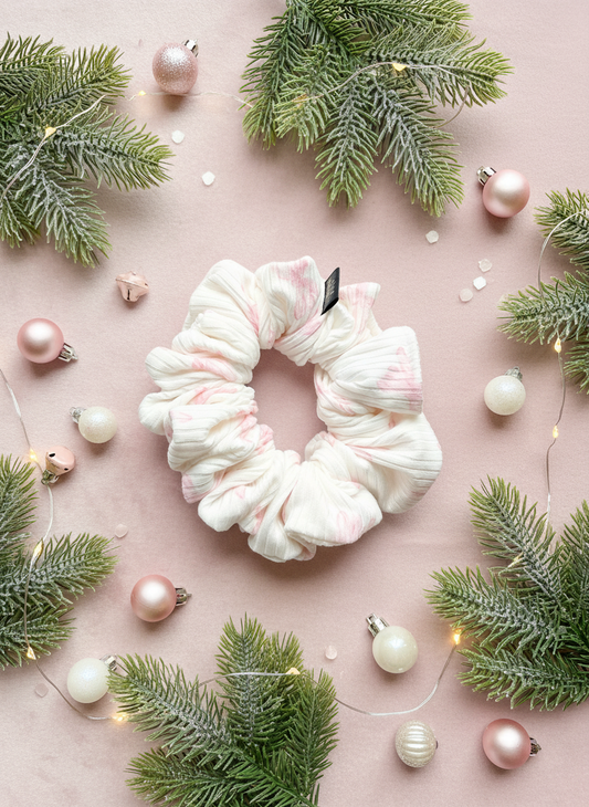 Paula.| a rib knit white jersey scrunchie with a pink bow print