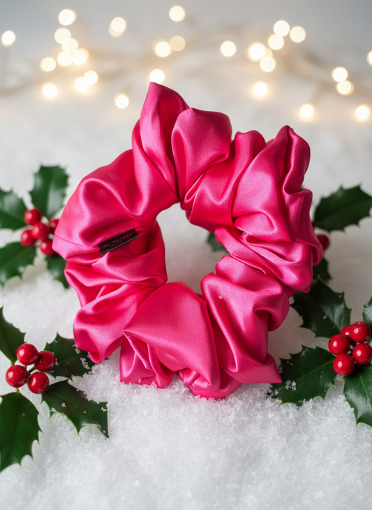 Aluna. | a pink satin scrunchie.