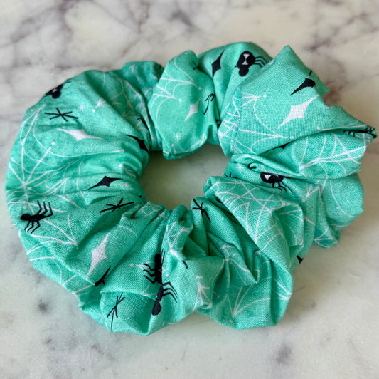 Ali | Retro Aqua Spider Print 100% Cotton Scrunchie.