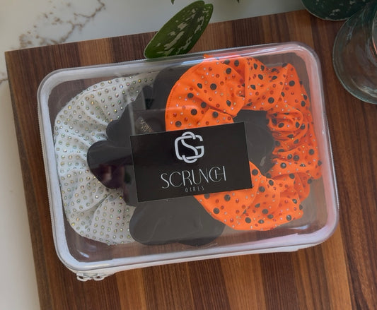 Halloween Bundle| Black velvet Scrunchie| Orange Rhinestone Scrunchie | White AB Rhinestone Scrunchie
