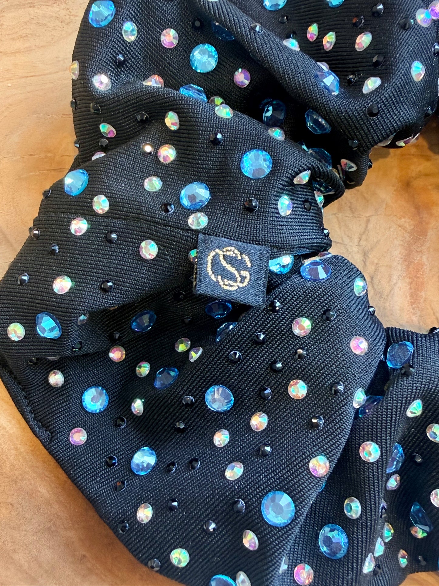 Elena Rhinestone Scrunchie| A Black Scrunchie with Aqua , AB rhinestone and jet black rhinestones