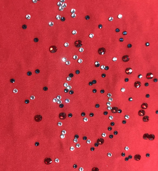 Red fabric, Large navy Stone, medium red stone, small clear stone