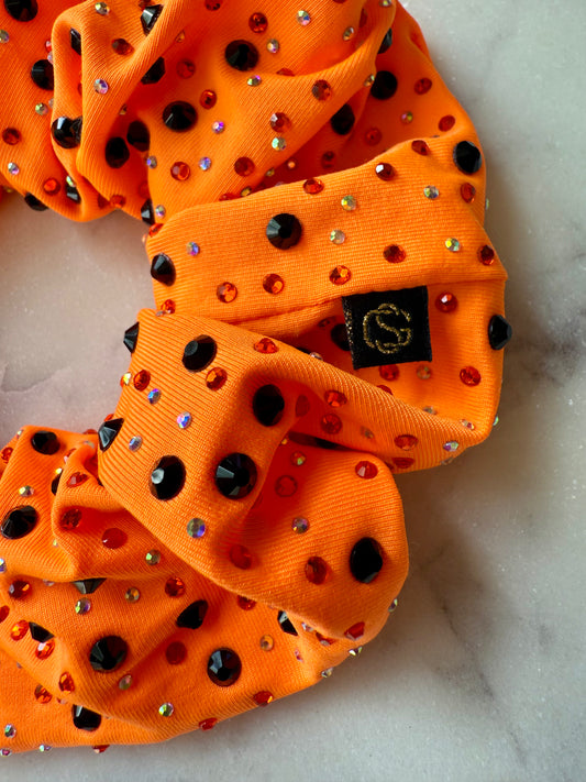 Catalina. | Orange Scrunchie with Black, Orange and Ab Crystal Colored Rhinestones