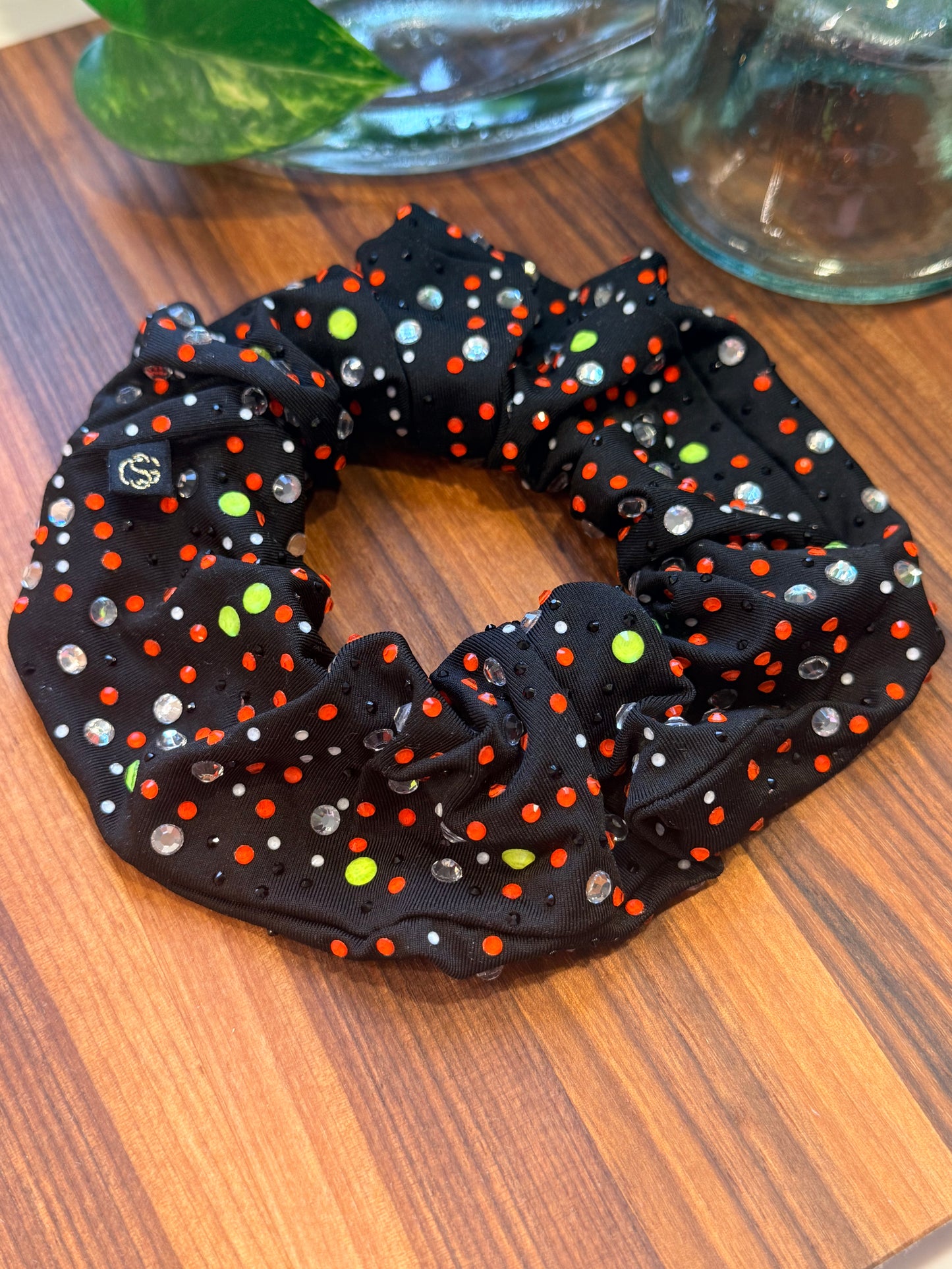 Candy Corn Halloween Sparkly Rhinestone Scrunchie | for gymnasts, dancers, cheerleaders and more