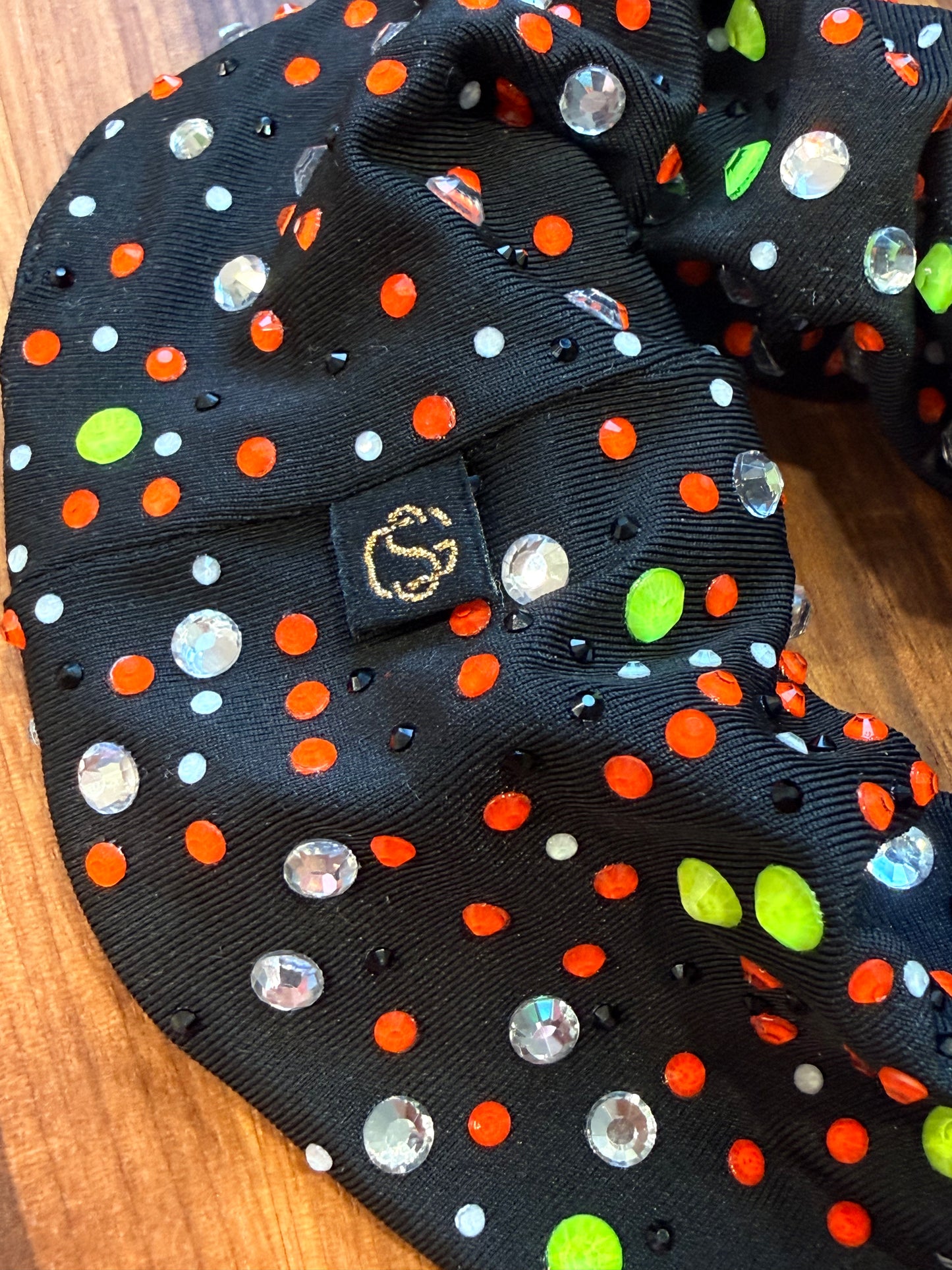 Candy Corn Halloween Sparkly Rhinestone Scrunchie | for gymnasts, dancers, cheerleaders and more