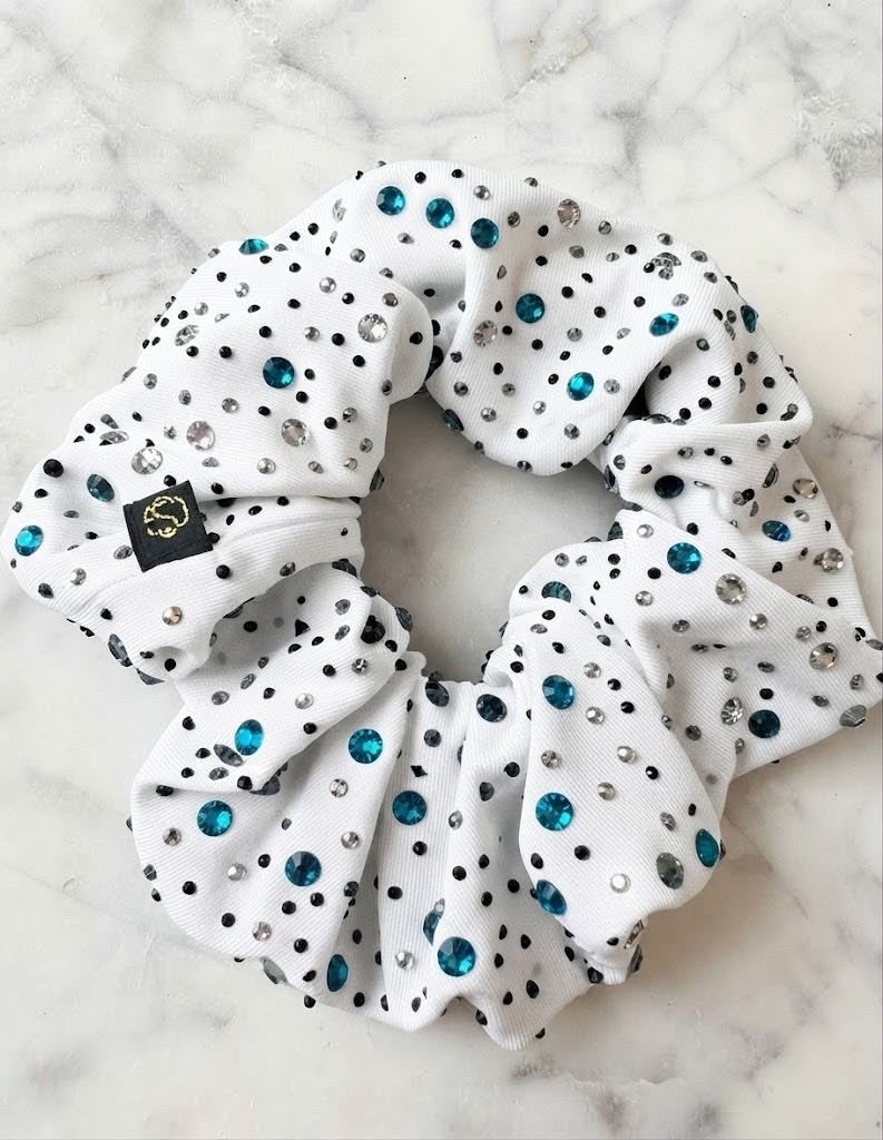 INTERVAL| White, teal, crystal AB, black rhinestone team scrunchie