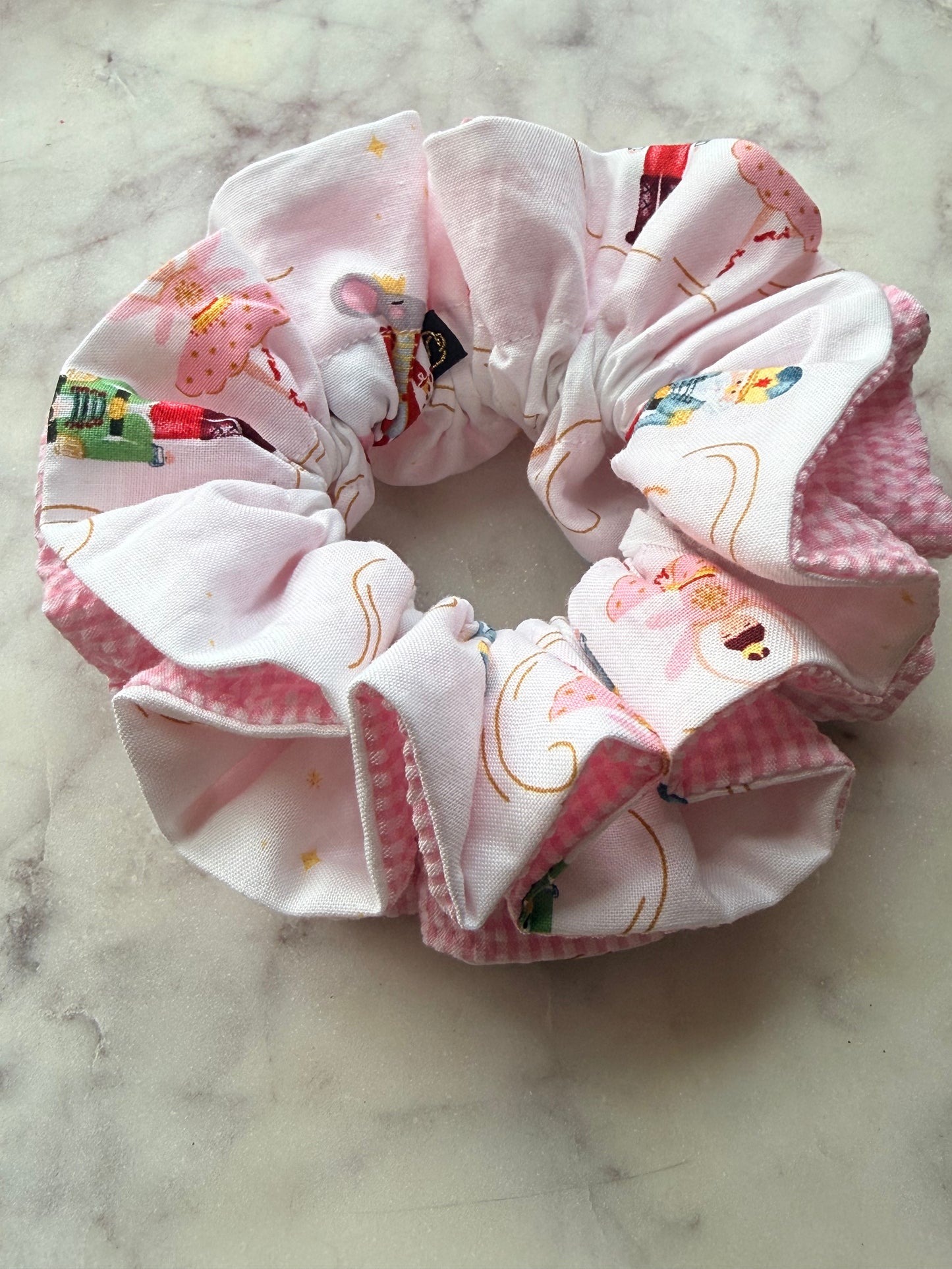 Pink Nutcracker Reversible Scrunchie for dancers, gymnasts, cheerleaders and more