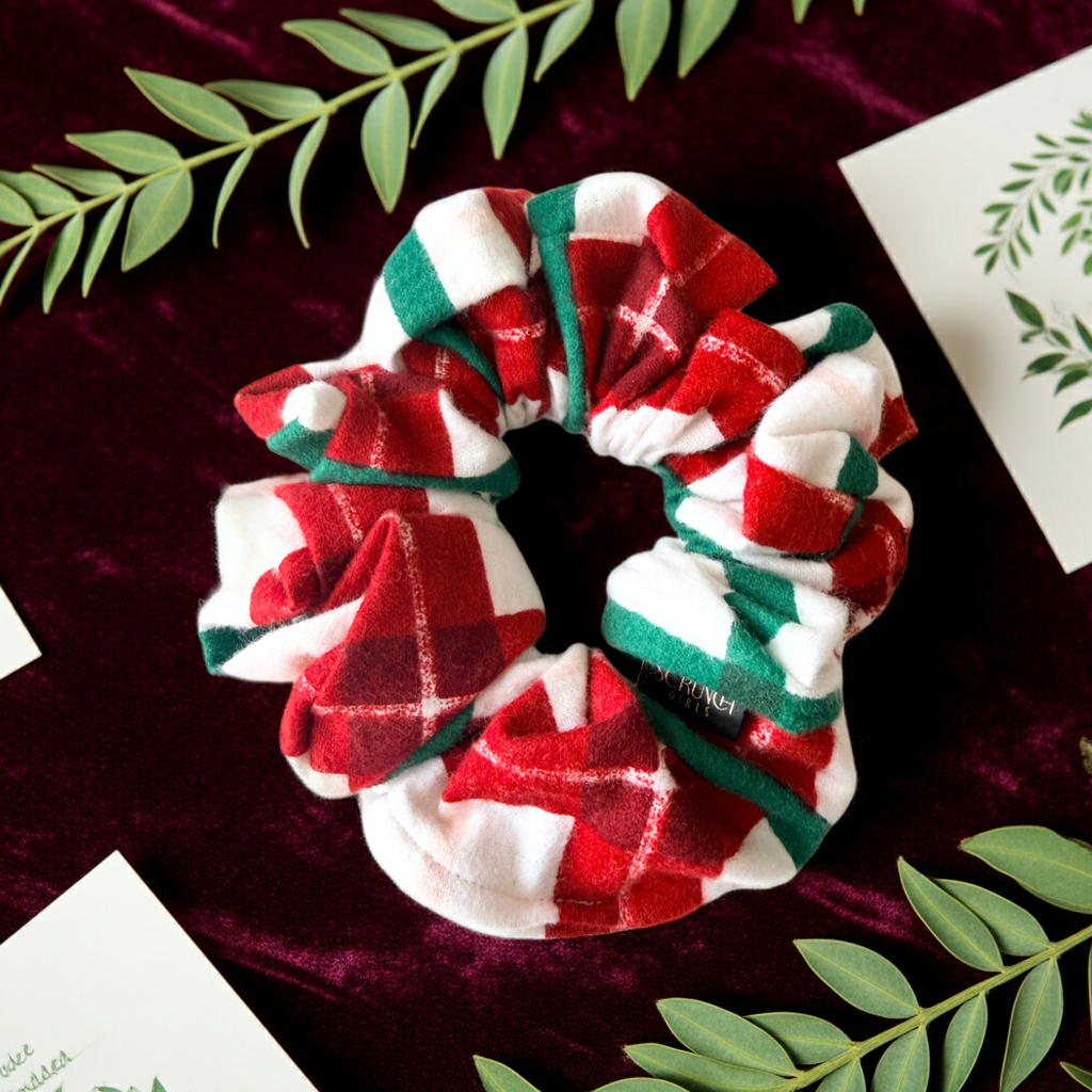 Holiday Plaid Scrunchie | A Red and Green flannel plaid Scrunchie