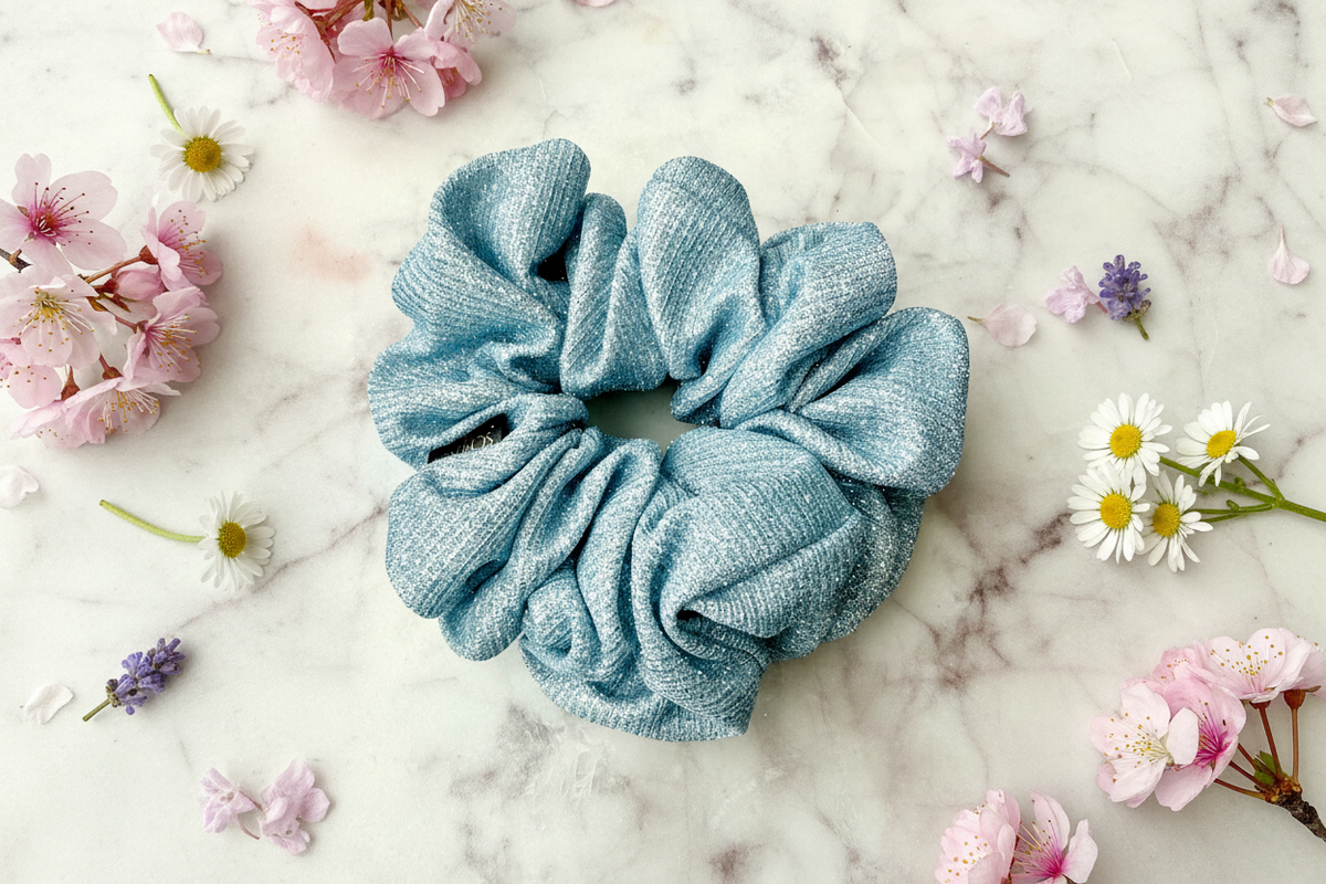 A light blue textured fabric scrunchie is arranged on a white marble surface with pink and white flowers scattered around it.